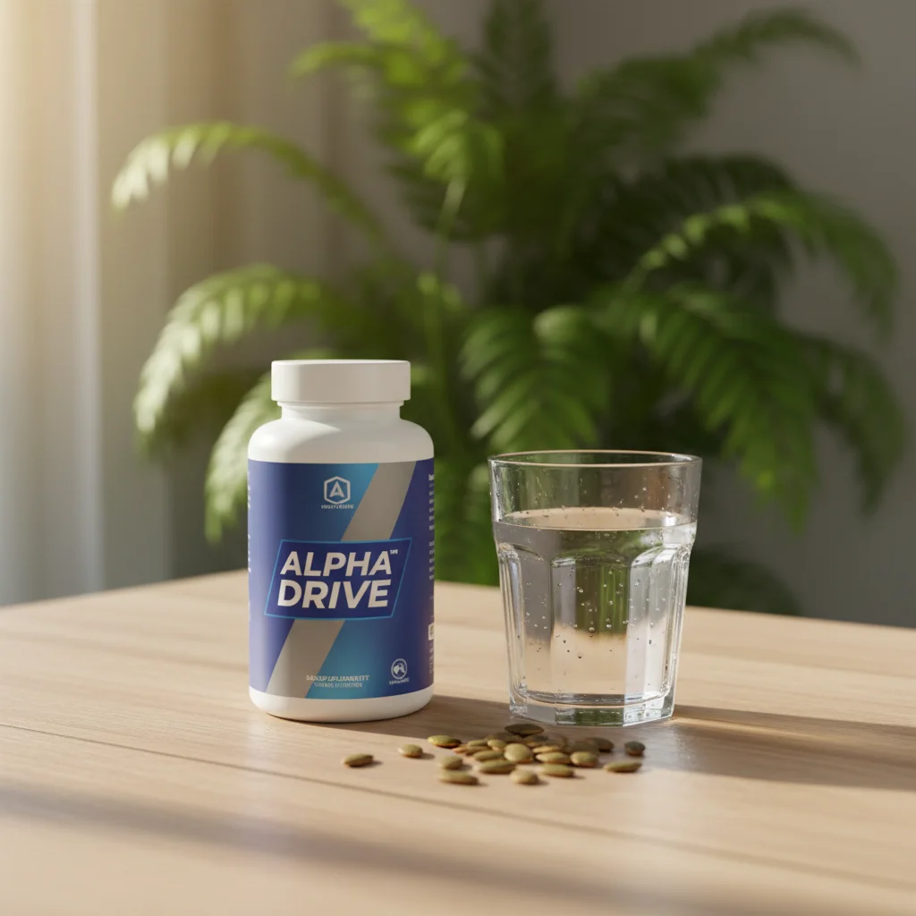 Alpha Drive pot met pompoenpitten en glas water op houten tafel